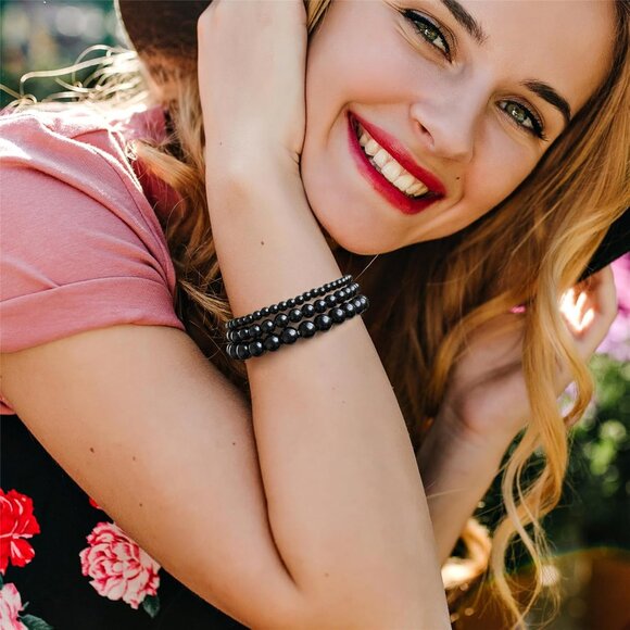 3PCS Black Onyx Healing Crystal Natural Stone Beaded Stretch Bracelet for Women - Picture 4 of 6